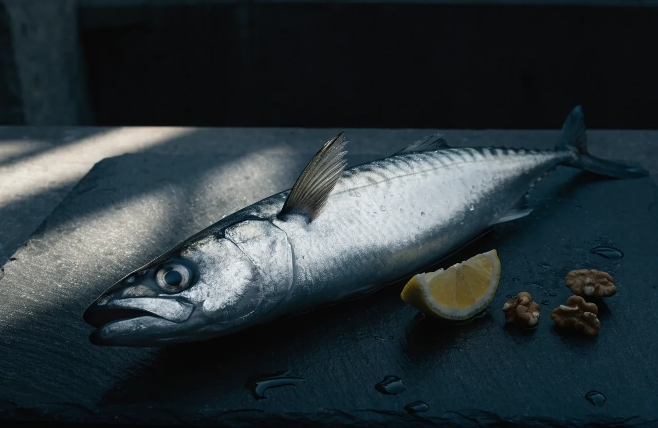 Filet masne ribe na mokroj kamenoj plohi uz krišku limuna i nekoliko oraha